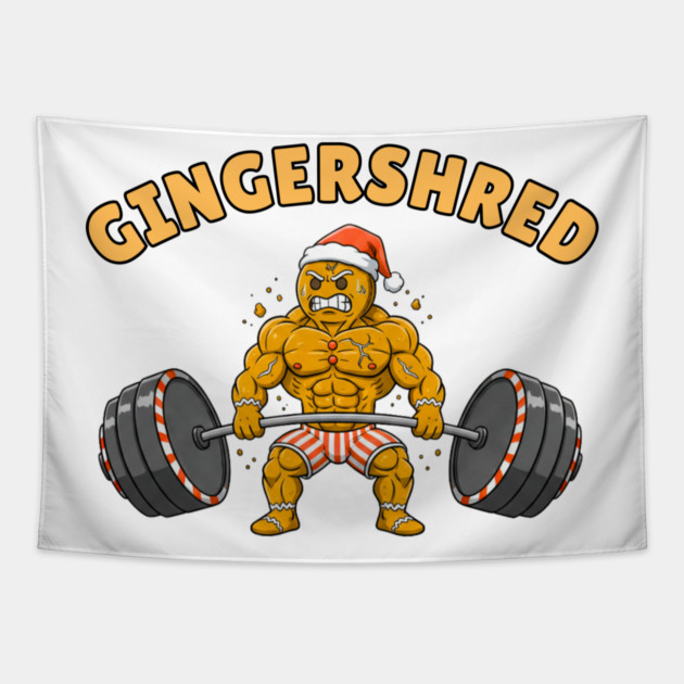 Gingershred - Christmas Gym Buff Gingerbread Lifting Weights Tapestry by Creatifly Graphic Tees