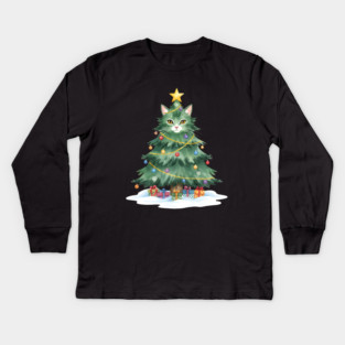 Christmas Tree Cat - Festive Feline Holiday Cheer Kids Long Sleeve T-Shirt
