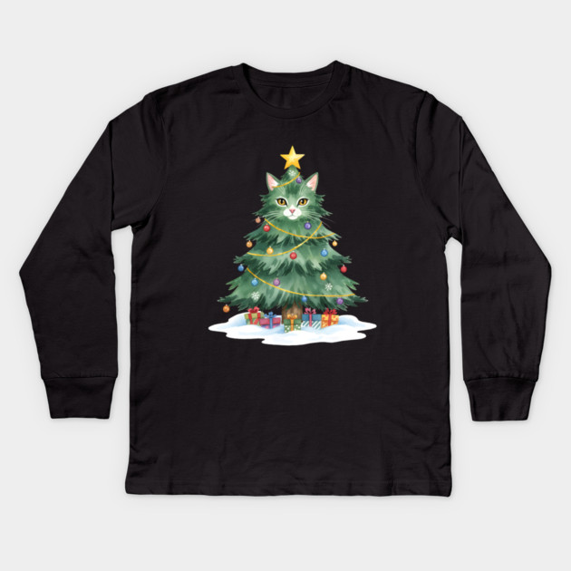 Christmas Tree Cat - Festive Feline Holiday Cheer Kids Long Sleeve T-Shirt by Creatifly Graphic Tees
