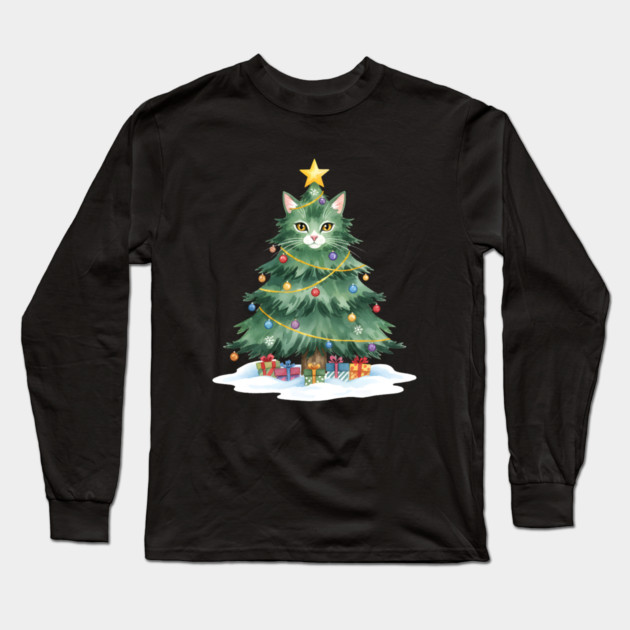 Christmas Tree Cat - Festive Feline Holiday Cheer Long Sleeve T-Shirt by Creatifly Graphic Tees