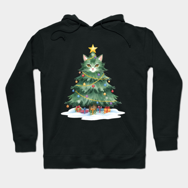 Christmas Tree Cat - Festive Feline Holiday Cheer Hoodie by Creatifly Graphic Tees