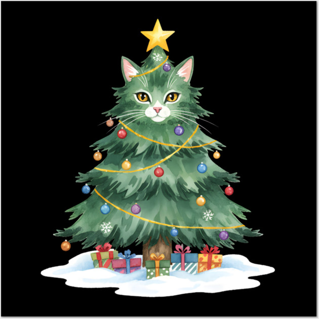 Christmas Tree Cat - Festive Feline Holiday Cheer Wall Art by Creatifly Graphic Tees