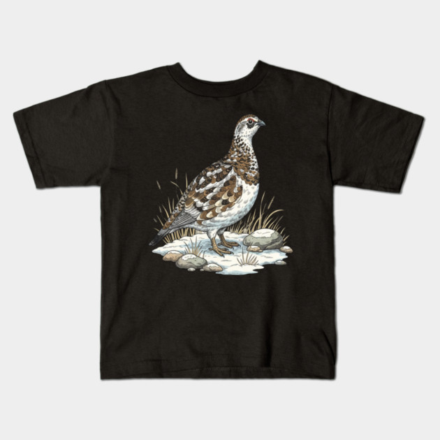 Winter Ptarmigan with Frosted Grasses Kids T-Shirt by BirdsnStuff