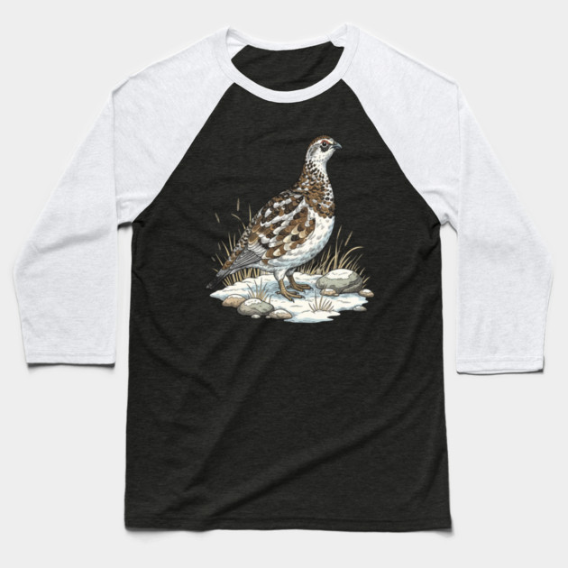 Winter Ptarmigan with Frosted Grasses Baseball T-Shirt by BirdsnStuff