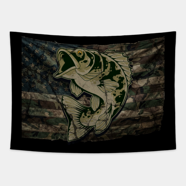 Fishing Camouflage US American Flag Bass Fish Design for Fishermen & Patriots – Perfect for Anglers, Boat Fishing Tapestry by Pixel Threads 