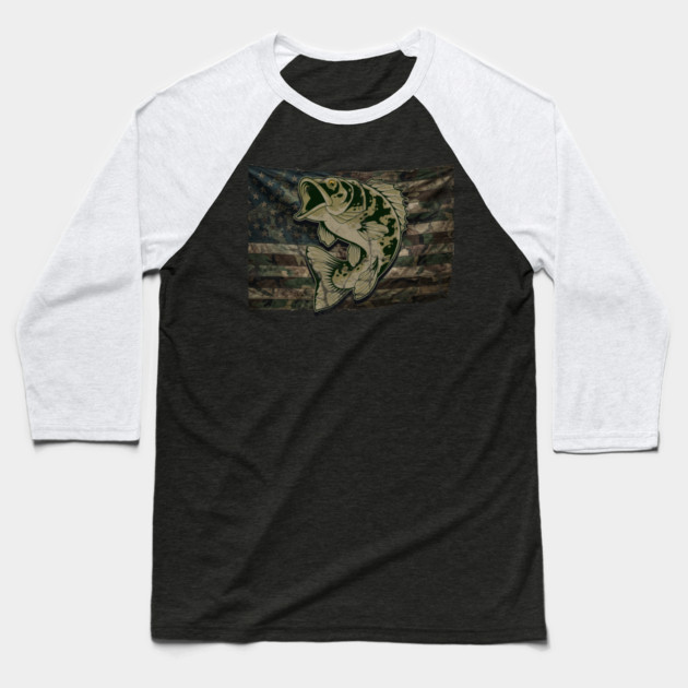 Fishing Camouflage US American Flag Bass Fish Design for Fishermen & Patriots – Perfect for Anglers, Boat Fishing Baseball T-Shirt by Pixel Threads 