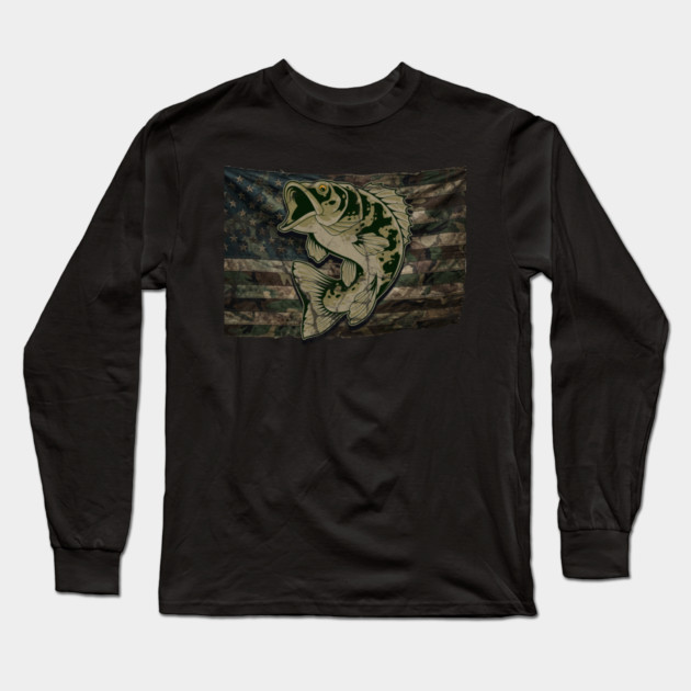 Fishing Camouflage US American Flag Bass Fish Design for Fishermen & Patriots – Perfect for Anglers, Boat Fishing Long Sleeve T-Shirt by Pixel Threads 