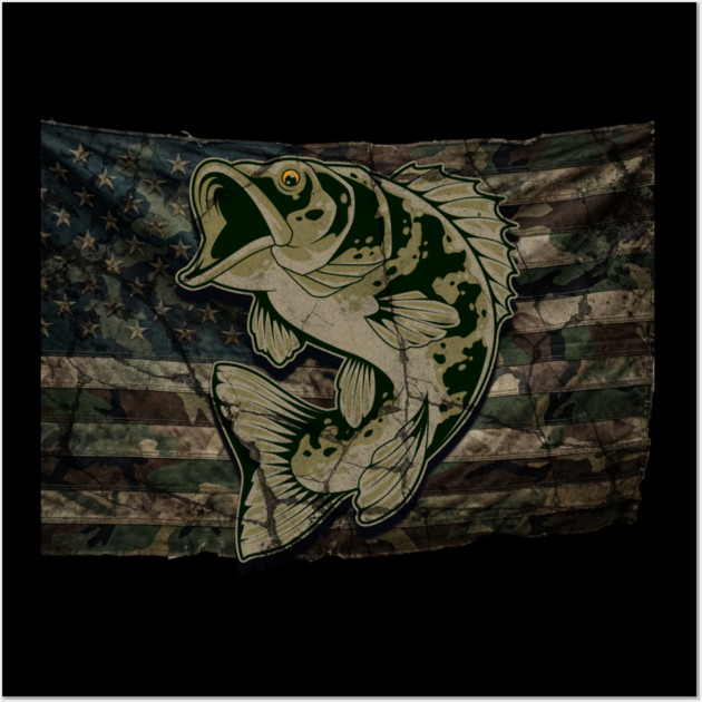 Fishing Camouflage US American Flag Bass Fish Design for Fishermen & Patriots – Perfect for Anglers, Boat Fishing Wall Art by Pixel Threads 