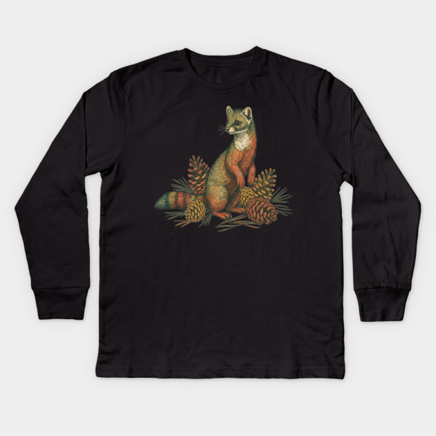 Woodland Pine Marten in Vintage Style Kids Long Sleeve T-Shirt by BirdsnStuff
