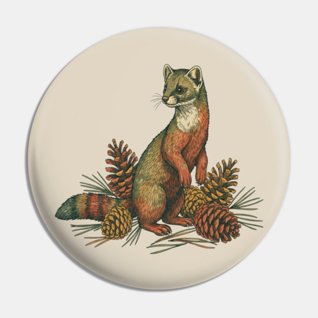 Woodland Pine Marten in Vintage Style Pin by BirdsnStuff