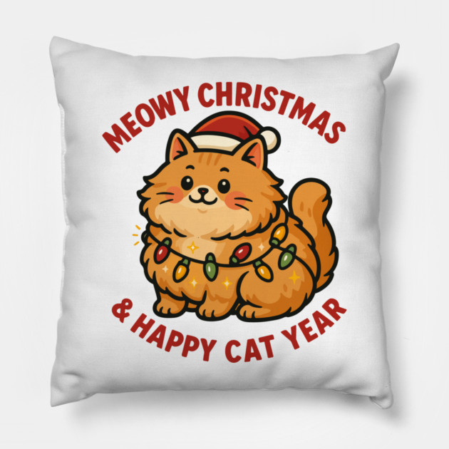 Meowy Christmas – Happy Cat Year – Funny Christmas Cat Graphic Tee Pillow by Urbanprint