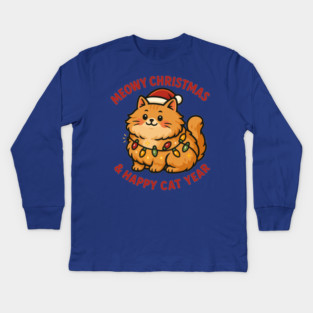 Meowy Christmas – Happy Cat Year – Funny Christmas Cat Graphic Tee Kids Long Sleeve T-Shirt