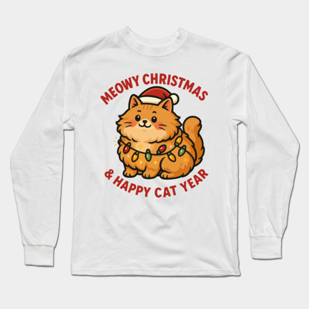 Meowy Christmas – Happy Cat Year – Funny Christmas Cat Graphic Tee Long Sleeve T-Shirt by Urbanprint