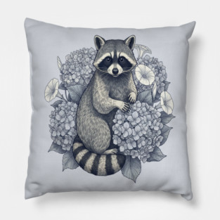 Vintage Raccoon with Night Hydrangeas Pillow