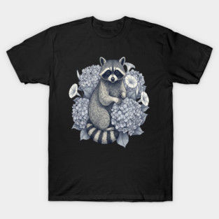 Vintage Raccoon with Night Hydrangeas T-Shirt