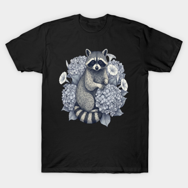 Vintage Raccoon with Night Hydrangeas T-Shirt by BirdsnStuff