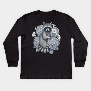 Vintage Raccoon with Night Hydrangeas Kids Long Sleeve T-Shirt
