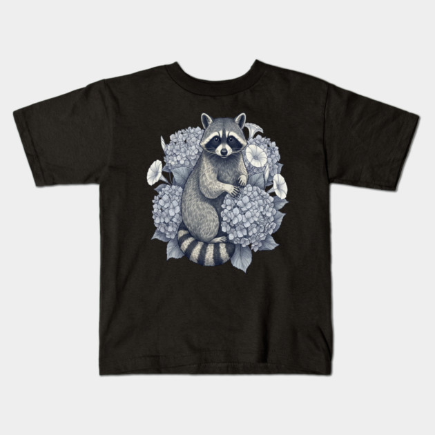 Vintage Raccoon with Night Hydrangeas Kids T-Shirt by BirdsnStuff