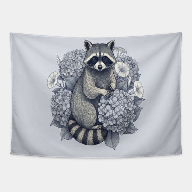Vintage Raccoon with Night Hydrangeas Tapestry by BirdsnStuff