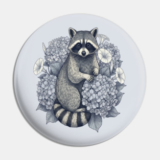 Vintage Raccoon with Night Hydrangeas Pin