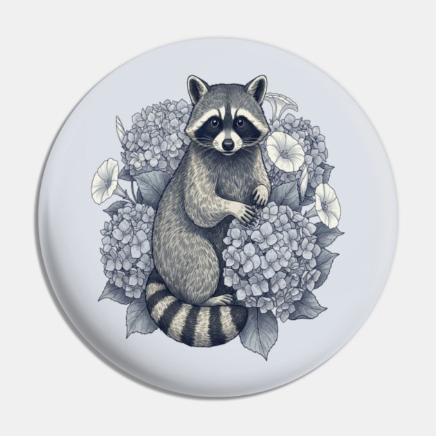 Vintage Raccoon with Night Hydrangeas Pin by BirdsnStuff