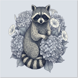 Vintage Raccoon with Night Hydrangeas Posters and Art