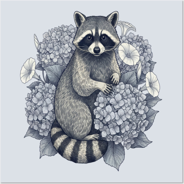 Vintage Raccoon with Night Hydrangeas Wall Art by BirdsnStuff