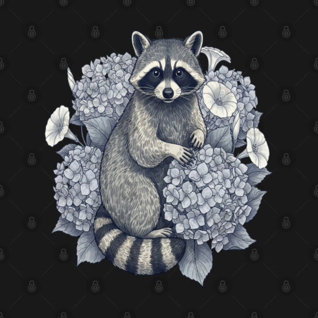 Vintage Raccoon with Night Hydrangeas by BirdsnStuff