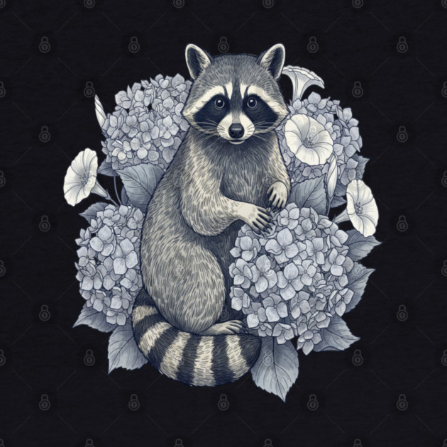 Vintage Raccoon with Night Hydrangeas by BirdsnStuff