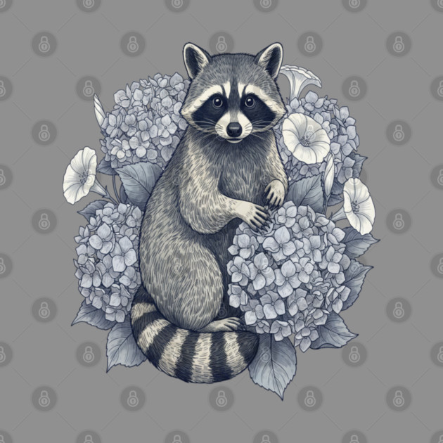 Vintage Raccoon with Night Hydrangeas by BirdsnStuff