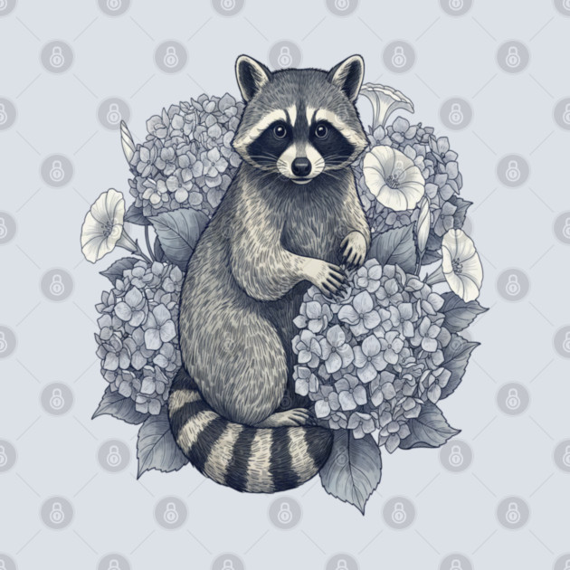 Vintage Raccoon with Night Hydrangeas by BirdsnStuff