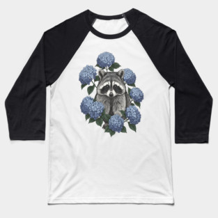 Vintage Raccoon with Blue Hydrangeas Baseball T-Shirt