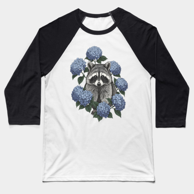 Vintage Raccoon with Blue Hydrangeas Baseball T-Shirt by BirdsnStuff