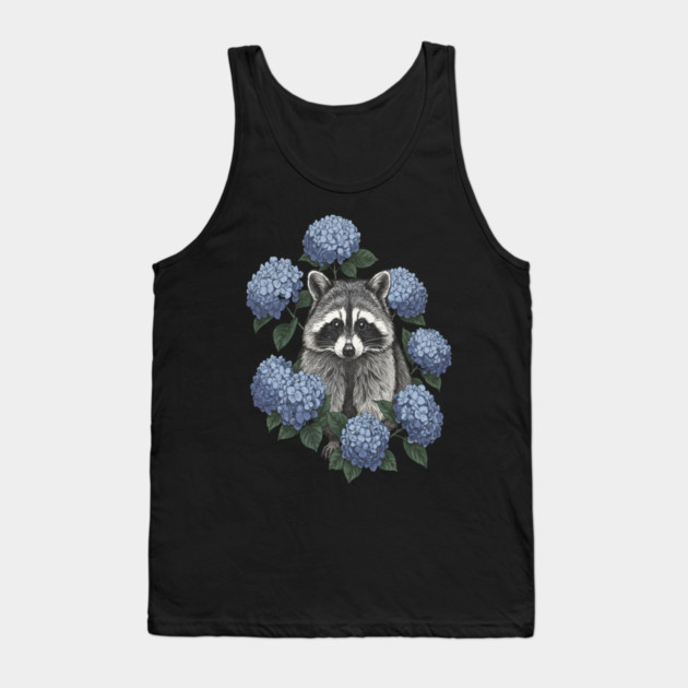 Vintage Raccoon with Blue Hydrangeas Tank Top by BirdsnStuff