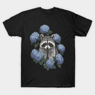 Vintage Raccoon with Blue Hydrangeas T-Shirt