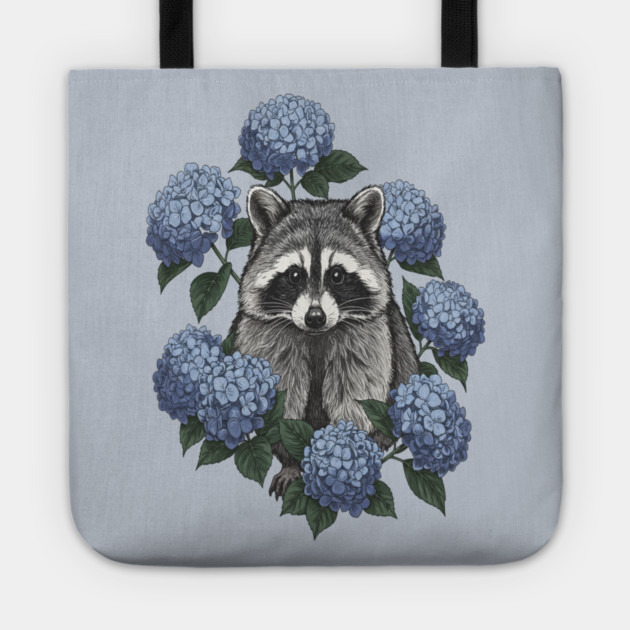 Vintage Raccoon with Blue Hydrangeas Tote by BirdsnStuff