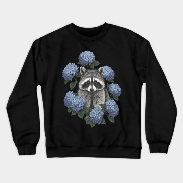 Vintage Raccoon with Blue Hydrangeas Crewneck Sweatshirt by BirdsnStuff