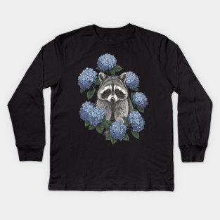 Vintage Raccoon with Blue Hydrangeas Kids Long Sleeve T-Shirt