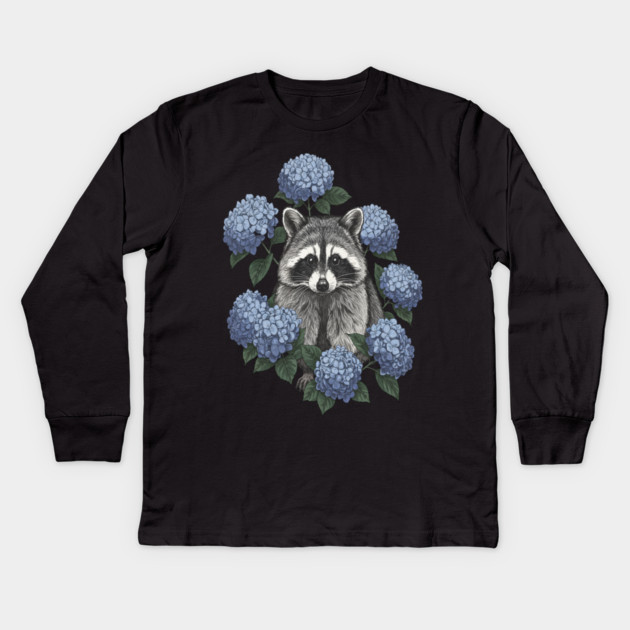 Vintage Raccoon with Blue Hydrangeas Kids Long Sleeve T-Shirt by BirdsnStuff