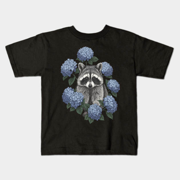 Vintage Raccoon with Blue Hydrangeas Kids T-Shirt by BirdsnStuff