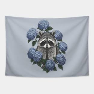 Vintage Raccoon with Blue Hydrangeas Tapestry