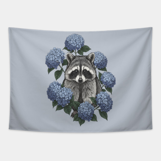 Vintage Raccoon with Blue Hydrangeas Tapestry by BirdsnStuff