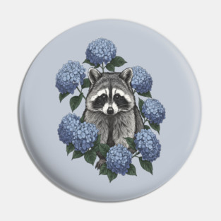 Vintage Raccoon with Blue Hydrangeas Pin