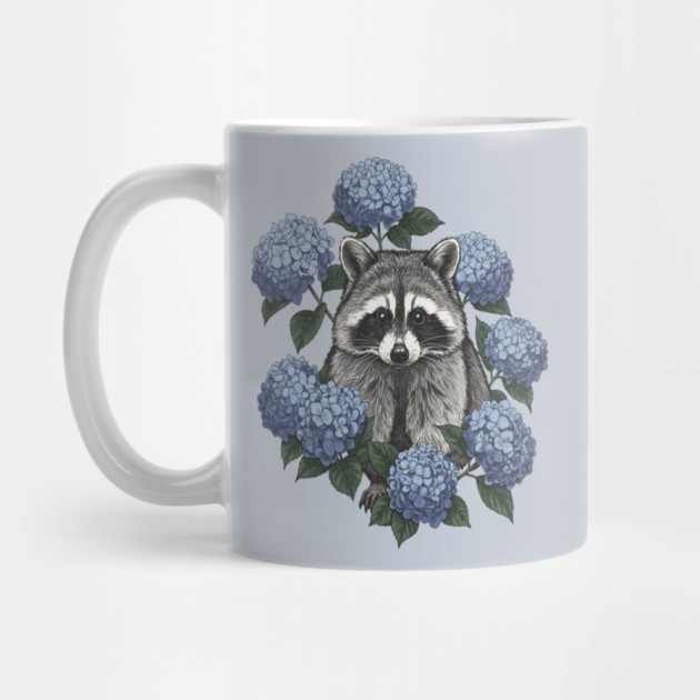 Vintage Raccoon with Blue Hydrangeas by BirdsnStuff