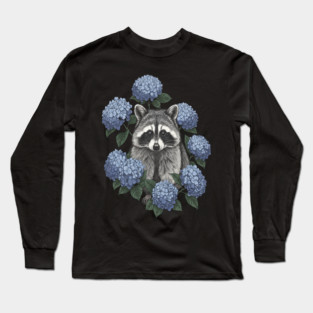 Vintage Raccoon with Blue Hydrangeas Long Sleeve T-Shirt