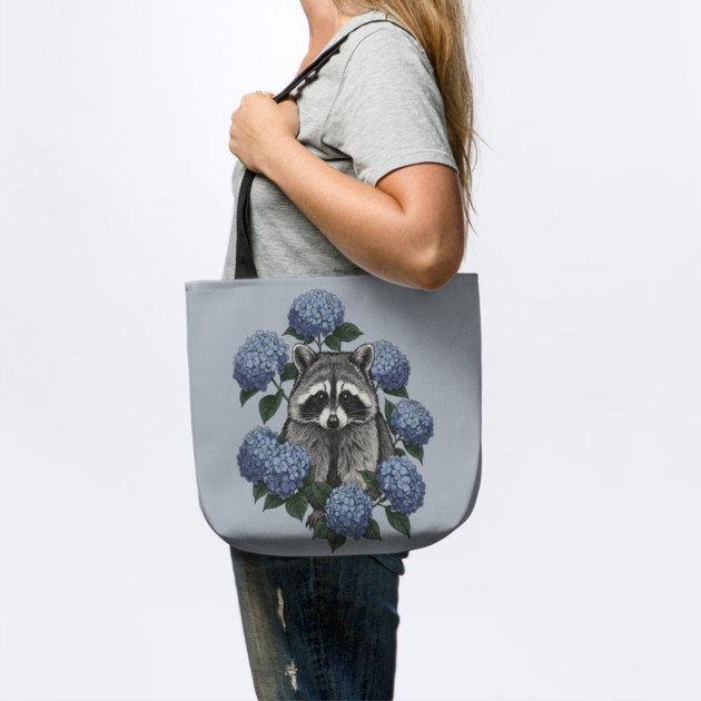 Vintage Raccoon with Blue Hydrangeas by BirdsnStuff