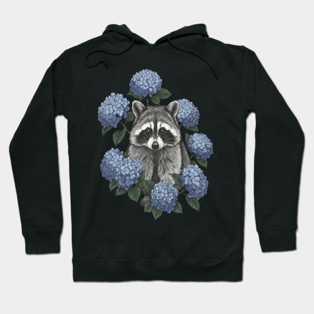 Vintage Raccoon with Blue Hydrangeas Hoodie by BirdsnStuff