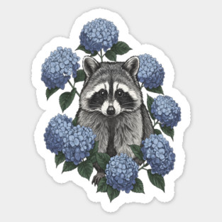 Vintage Raccoon with Blue Hydrangeas Sticker
