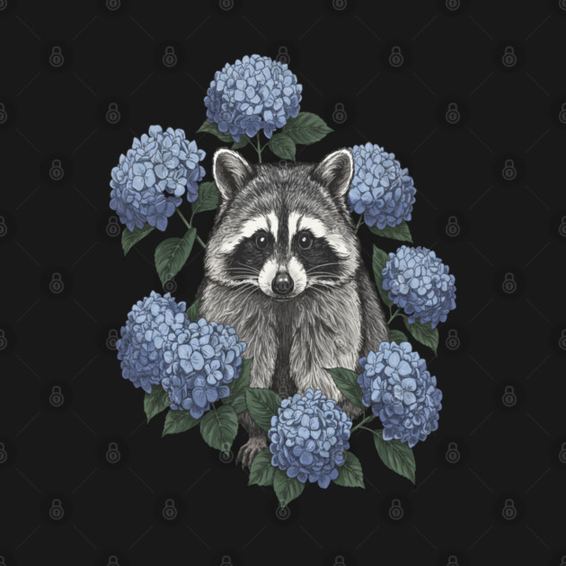 Vintage Raccoon with Blue Hydrangeas by BirdsnStuff