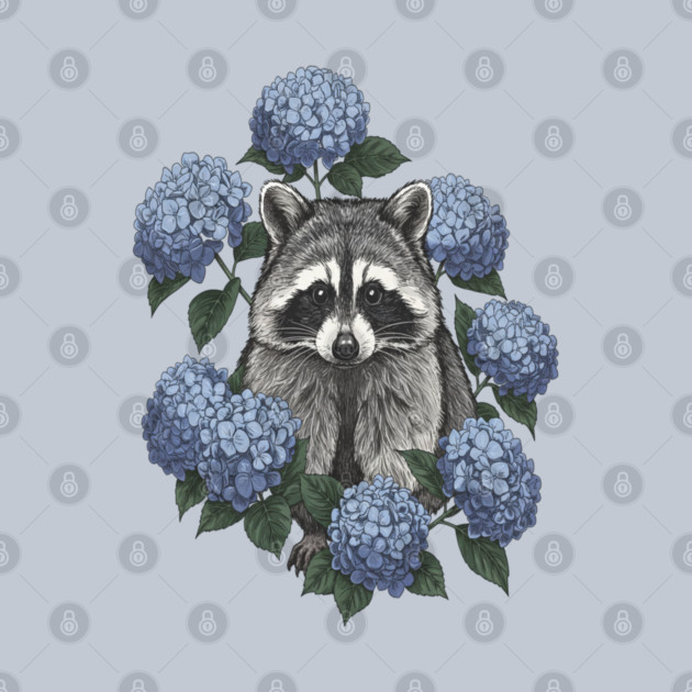 Vintage Raccoon with Blue Hydrangeas by BirdsnStuff